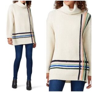 New! Tory Burch Sport Wool Cream Turtleneck Sweater with Multicolor Stripes 🤍 XS